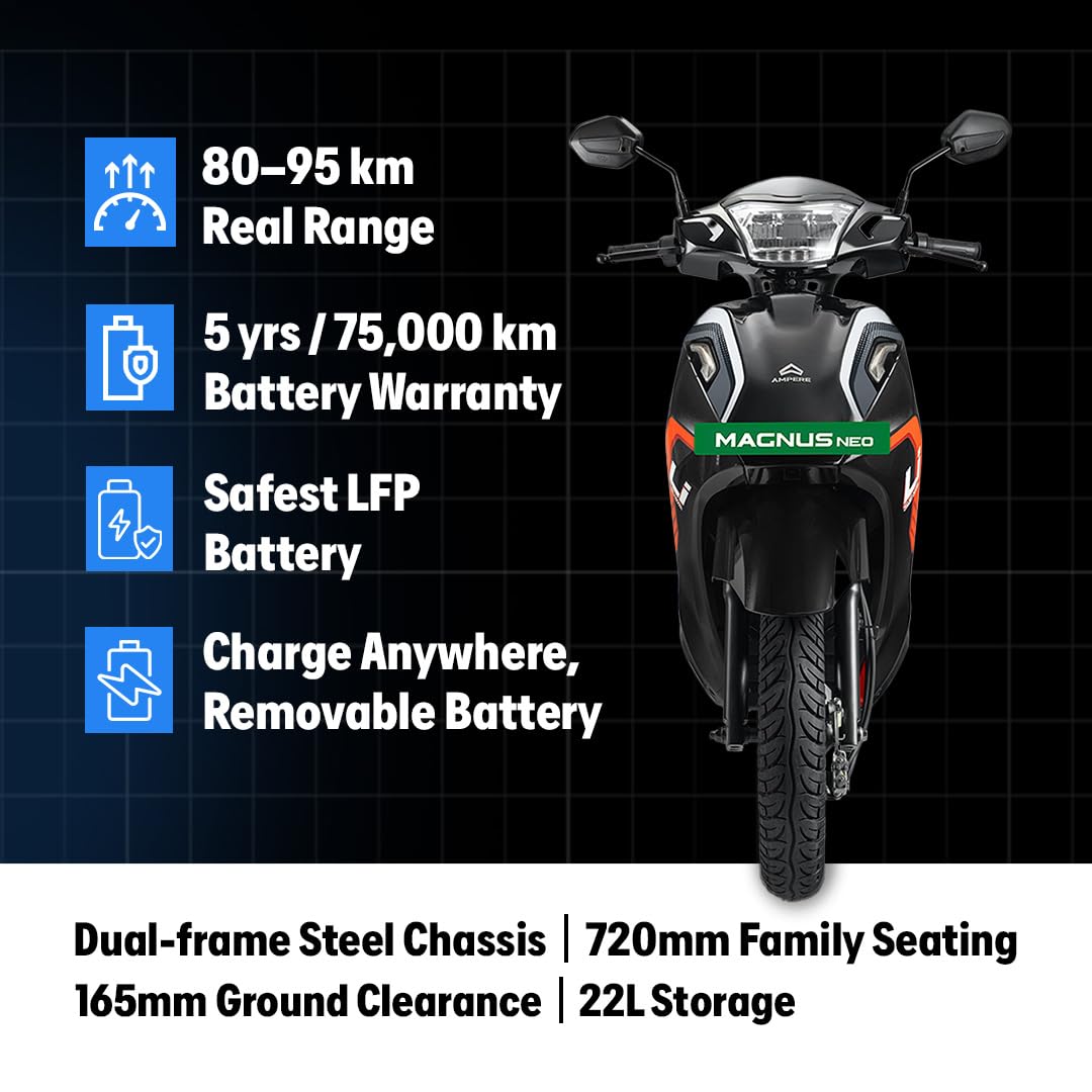 Ampere Powered by Greaves Electric Mobility Magnus Neo Electric Scooter | 80-95 km Real Range, Safest LFP Battery with 5-Year/75,000km Warranty, City-Speed Family Scooter, Strong Dual Frame Chassis (Glossy Black) - Image 3