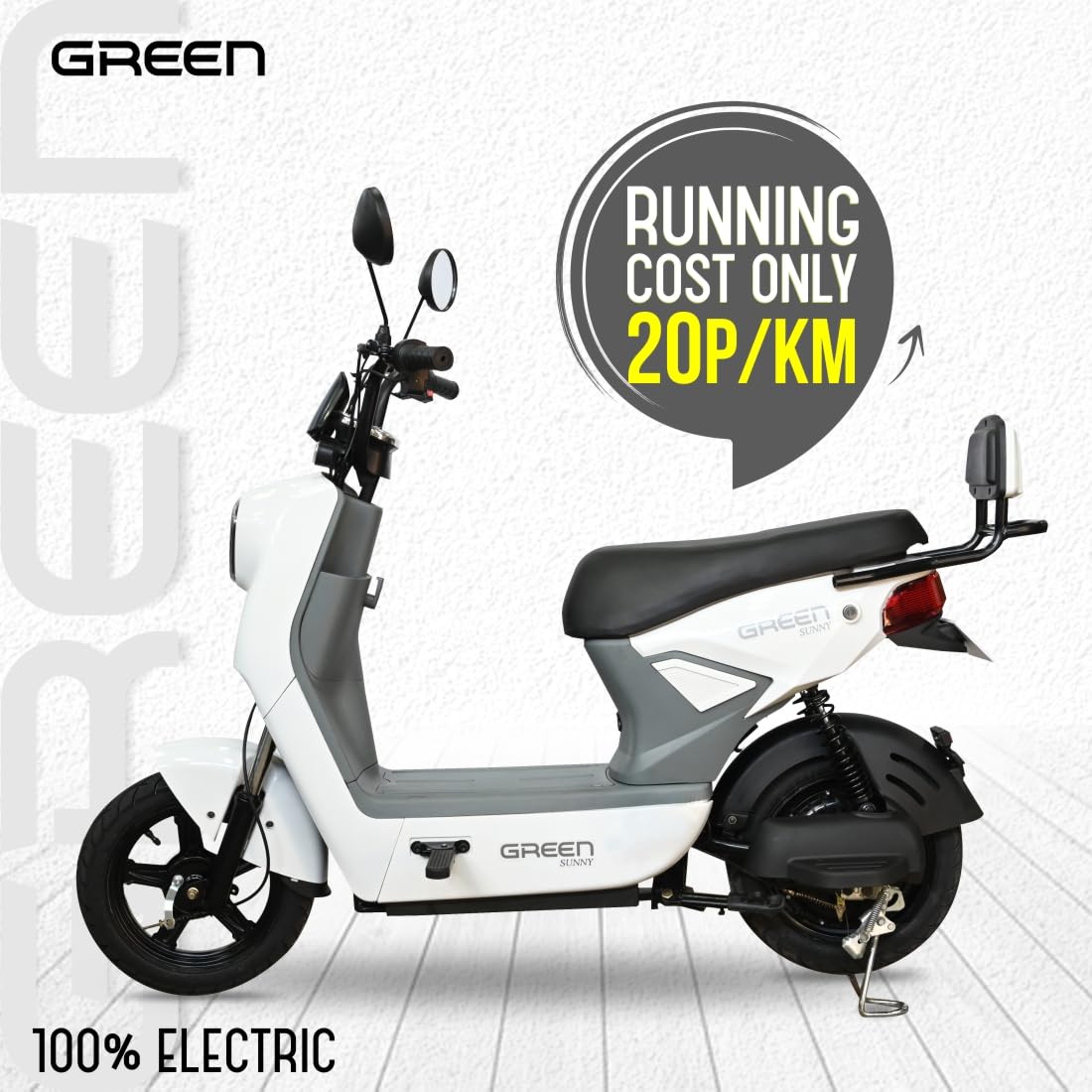 Green Sunny Low Speed Electric Scooter Non RTO 60KM Range White with Portable Charger - Image 6