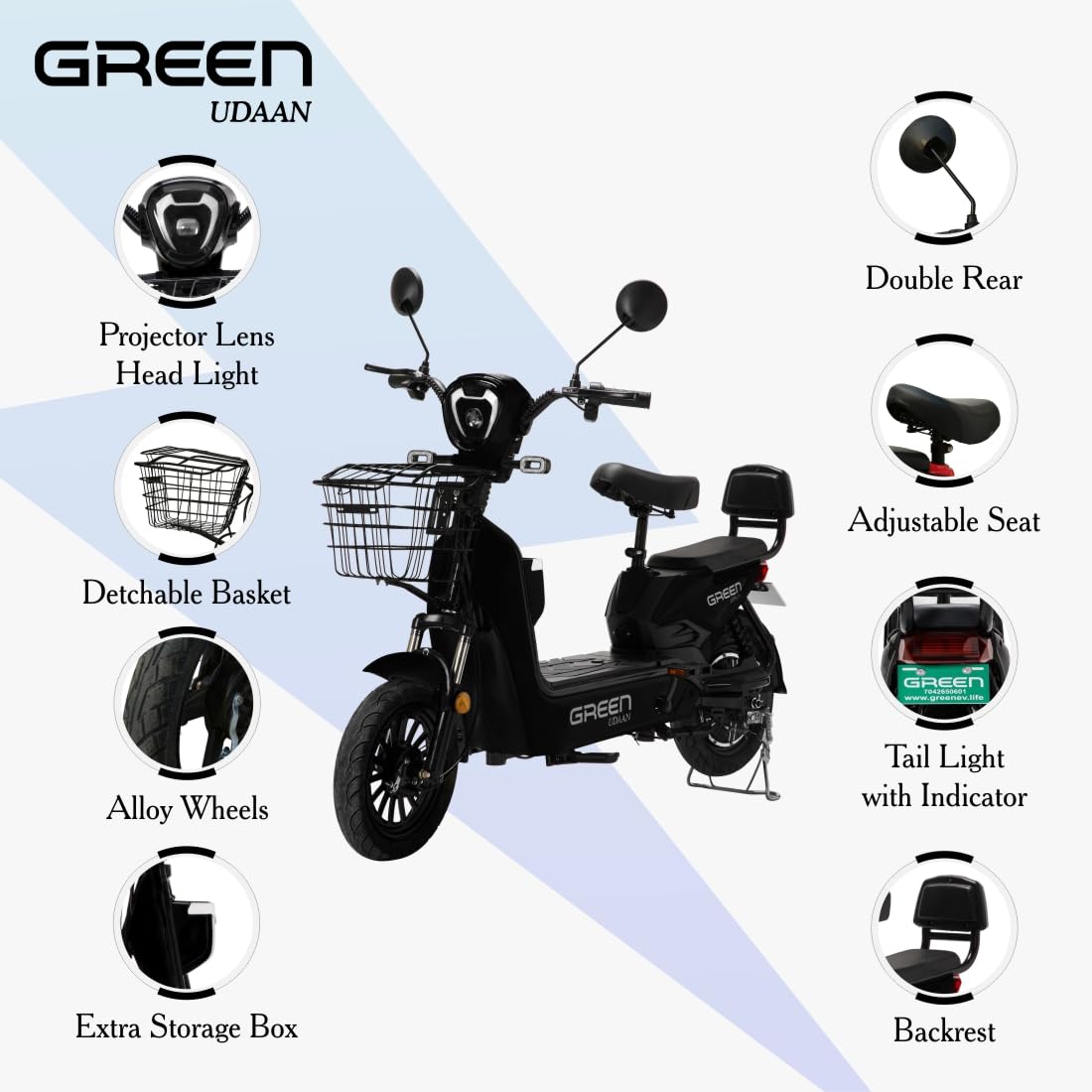 Green Udaan Low Speed Electric Scooter Non RTO 30KM Range with Portable Charger (Black) - Image 4