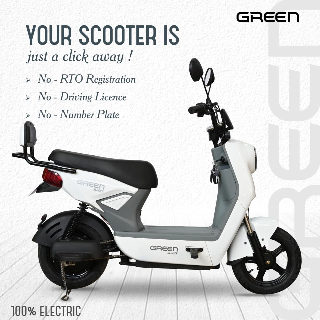 Green Sunny Low Speed Electric Scooter Non RTO 60KM Range White with Portable Charger - Image 3