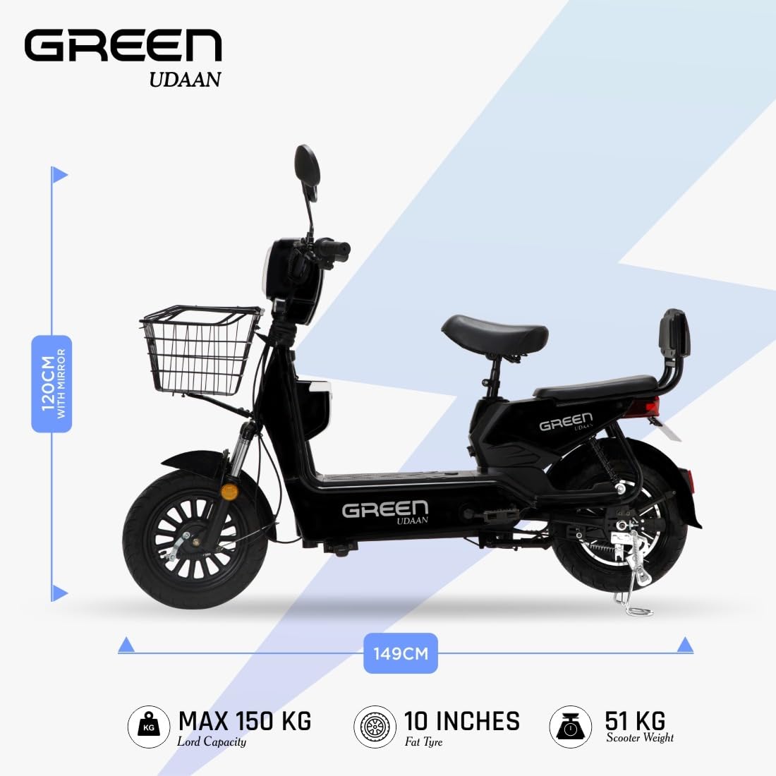 Green Udaan Low Speed Electric Scooter Non RTO 30KM Range with Portable Charger (Black) - Image 3