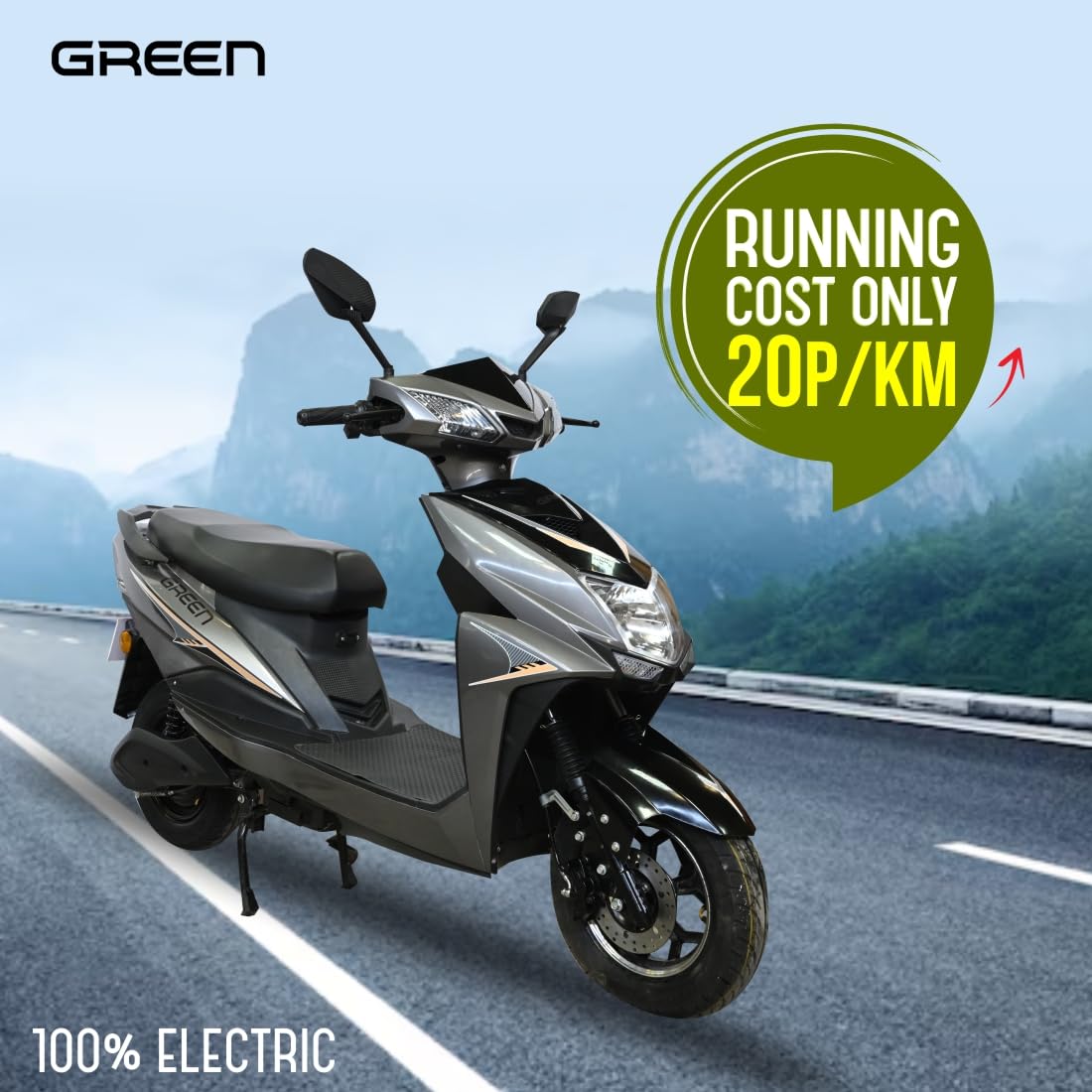 Green Invicta Low Speed Electric Scooter Non RTO 60KM Range Grey with Portable Charger - Image 2