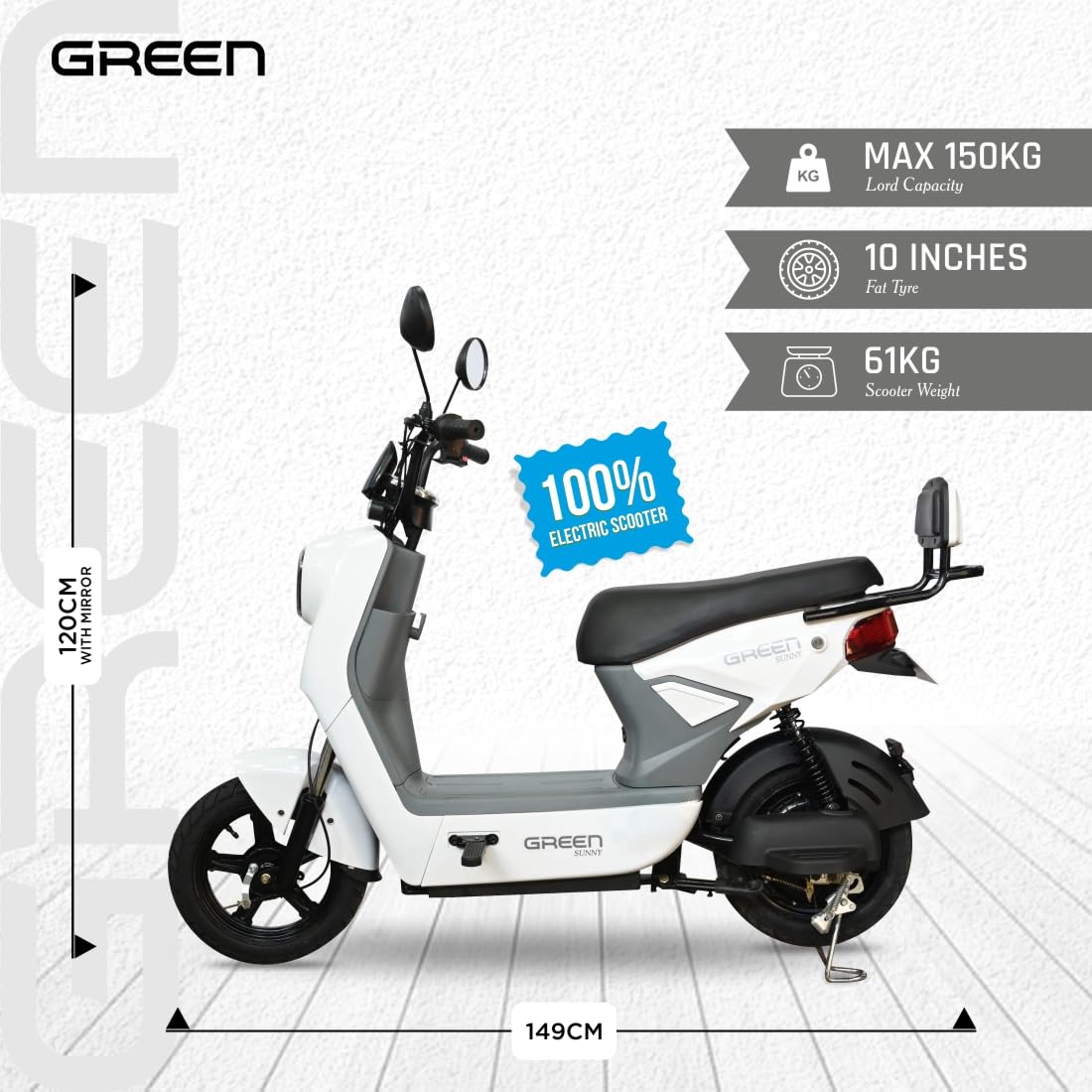 Green Sunny Low Speed Electric Scooter Non RTO 60KM Range White with Portable Charger - Image 4