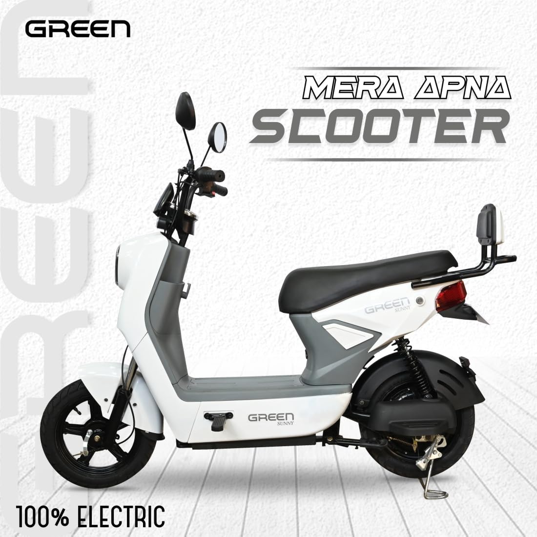 Green Sunny Low Speed Electric Scooter Non RTO 60KM Range White with Portable Charger - Image 2