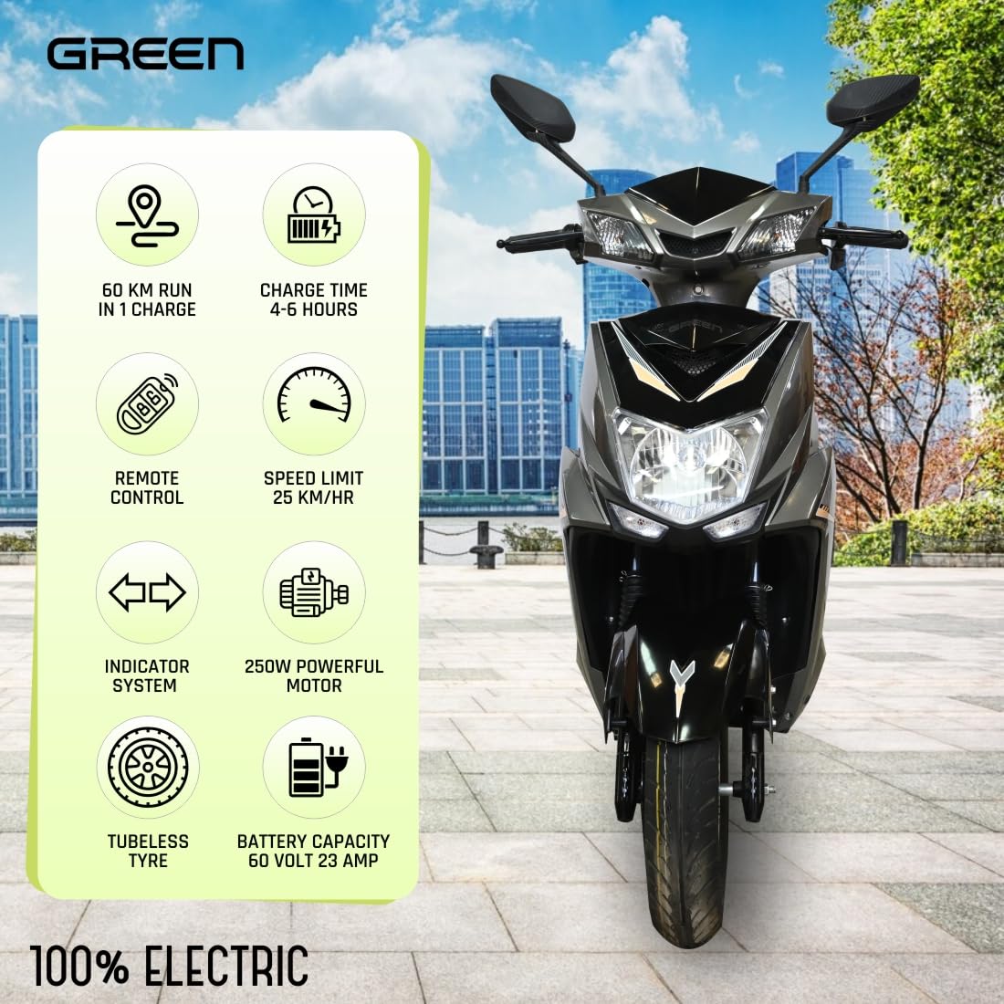 Green Invicta Low Speed Electric Scooter Non RTO 60KM Range Grey with Portable Charger - Image 3