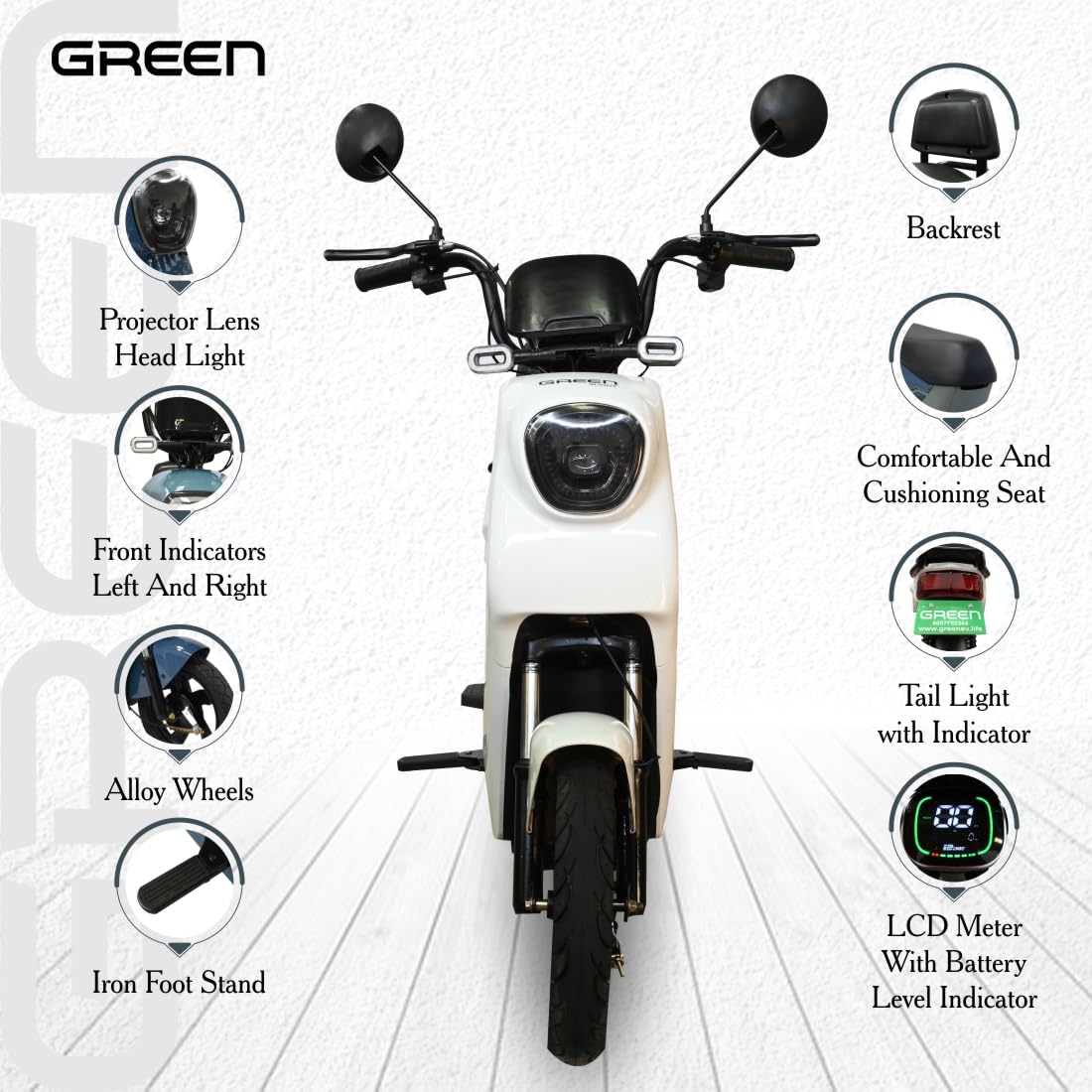 Green Sunny Low Speed Electric Scooter Non RTO 60KM Range White with Portable Charger - Image 5